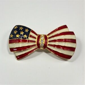 Joan Rivers Enamel & Crystal American Flag Bow Brooch